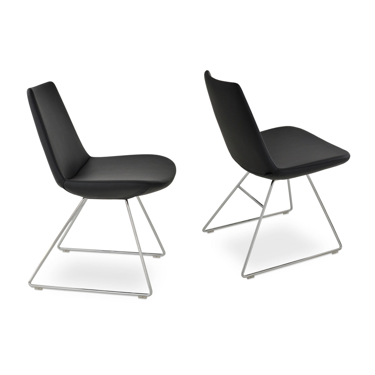 Eiffel Wire Dining Chair-Leather by SohoConcept, showing angle view in black ppm with chrome wire base.