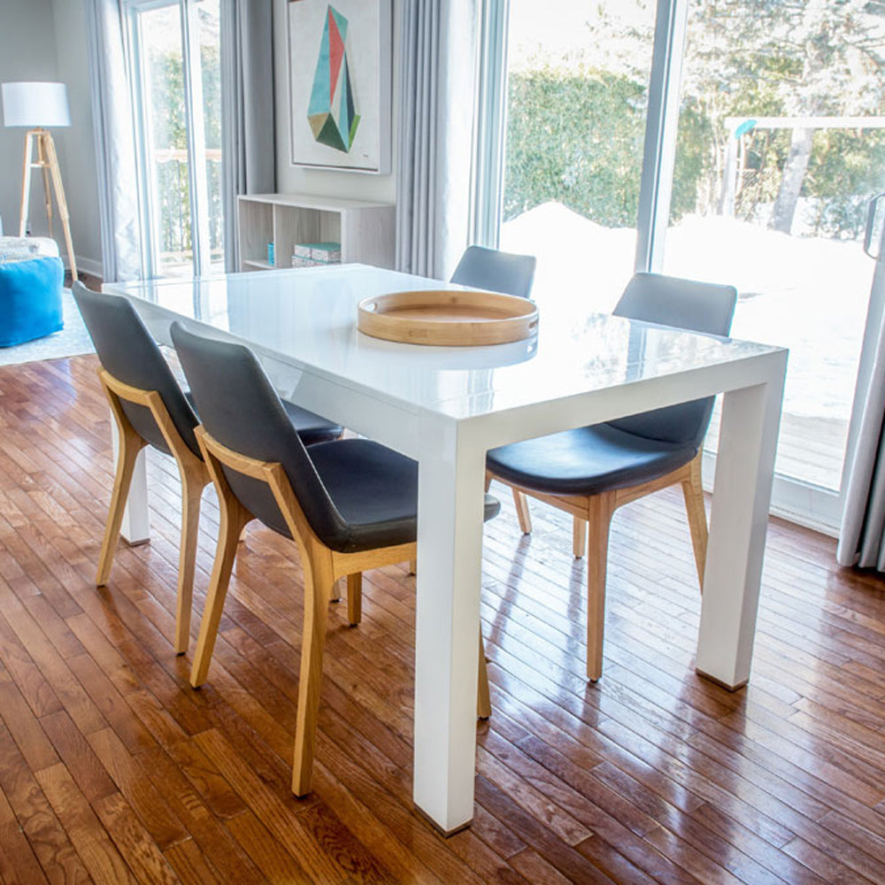 Eiffel Wood Dining Chair-Leather by SohoConcept, showing wood chairs with table in live shot.