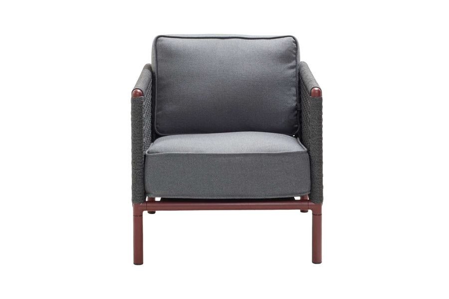 Encore Lounge Chair by Cane-Line, showing front view of encore lounge chair in bordeaux powder coated aluminum/dark grey soft rope.
