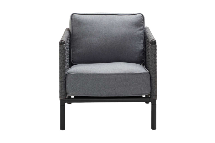 Encore Lounge Chair by Cane-Line, showing front view of encore lounge chair in lava grey powder coated aluminum/dark grey soft rope.