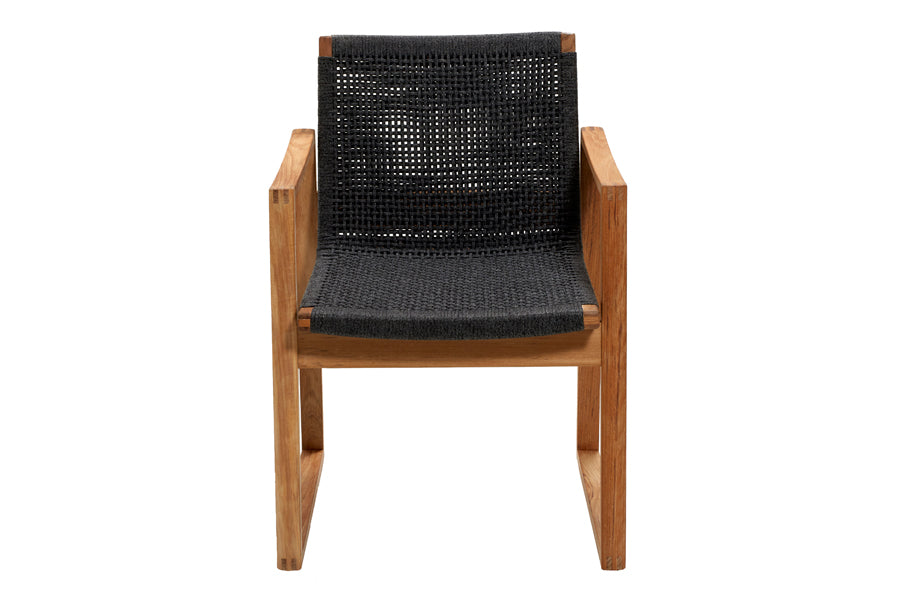 Endless Outdoor Dining Chair by Cane-Line, showing front view of endless outdoor dining chair in teak/dark grey soft rope.