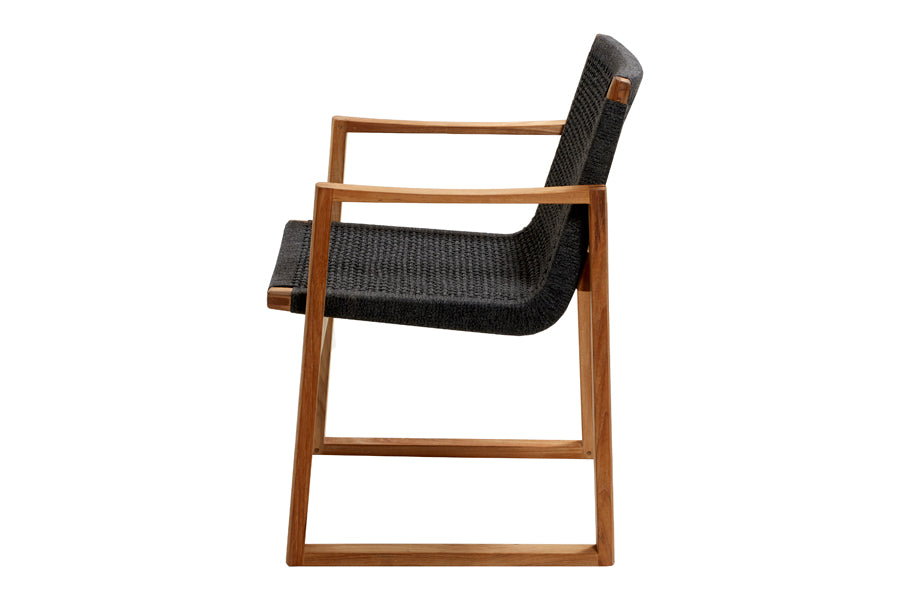Endless Outdoor Dining Chair by Cane-Line, showing side view of endless outdoor dining chair in teak/dark grey soft rope.