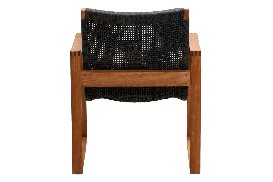 Endless Outdoor Lounge Chair by Cane-Line, showing back view of endless outdoor lounge chair in teak/dark grey soft rope.