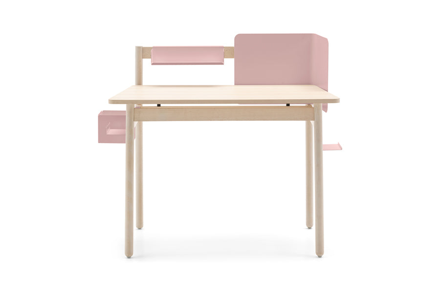 Ens Desk by Connubia, showing front view of ens desk in bleached beech beechwood frame/bleached beech beechwood top with accessories.