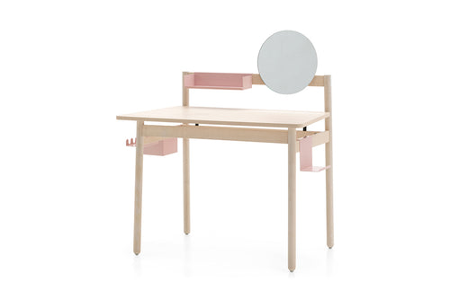 Ens Desk by Connubia, showing angle view of ens desk in bleached beech beechwood frame/bleached beech beechwood top with accessories.