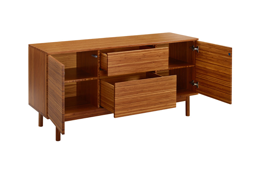 Erikka Sideboard by Greenington, showing angle view of erikka sideboard in amber.