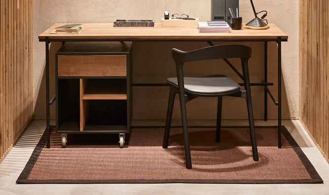 Oscar Drawer Unit by Ethnicraft, showing front view of teak drawer unit - 1 drawer, desk and chair in live shot.