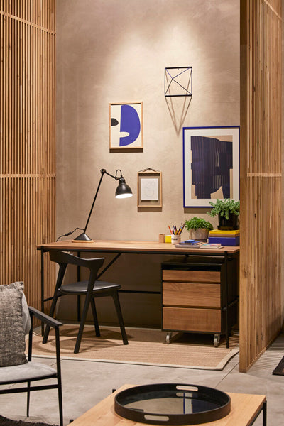 Oscar Drawer Unit by Ethnicraft, showing front view of teak drawer unit - 3 drawers, desk and chair in live shot.