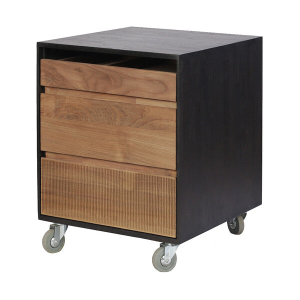 Oscar Drawer Unit by Ethnicraft, showing angle view of teak drawer unit - 3 drawers.