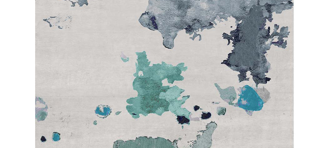 Fiave FE100 Rug by Second Studio, showing closeup view of fiave fe100 rug by second studio in grey & shades of turquoise.