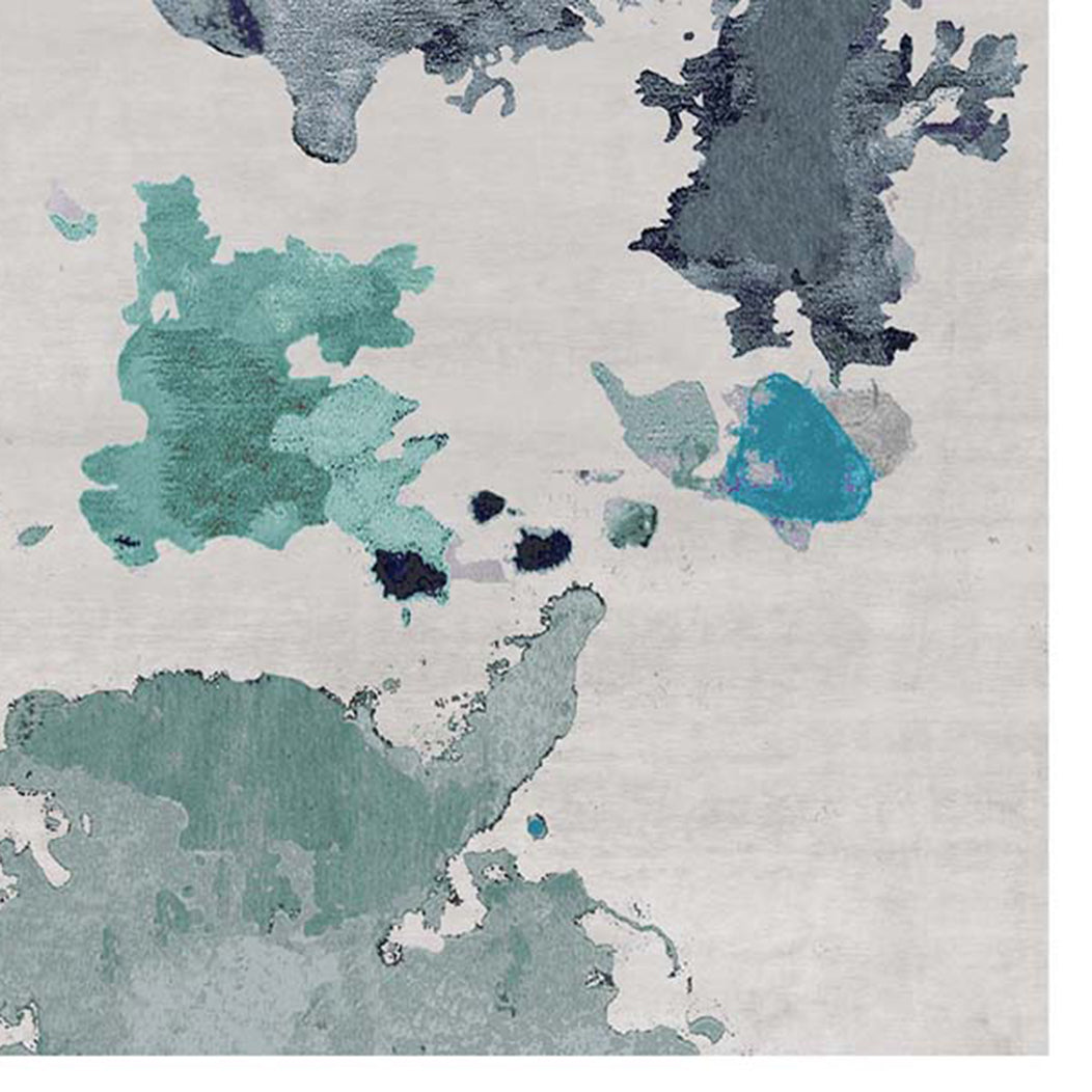 Fiave FE100 Rug by Second Studio, showing closeup view of fiave fe100 rug by second studio in grey & shades of turquoise.