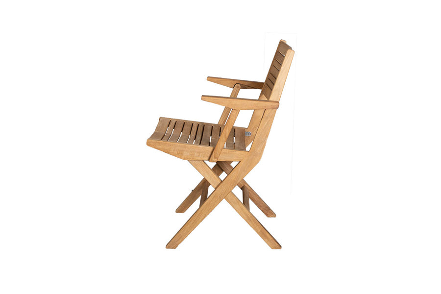 Flip Folding Teak Dining Armchair by Cane-Line, showing side view of flip folding teak dining armchair.