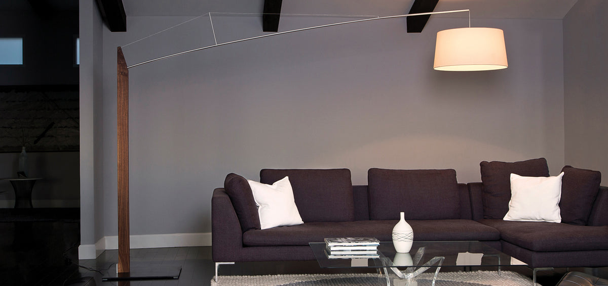 Fons Floor Lamp by Cerno, showing fons floor lamp with chairs, table & sofa in live shot.