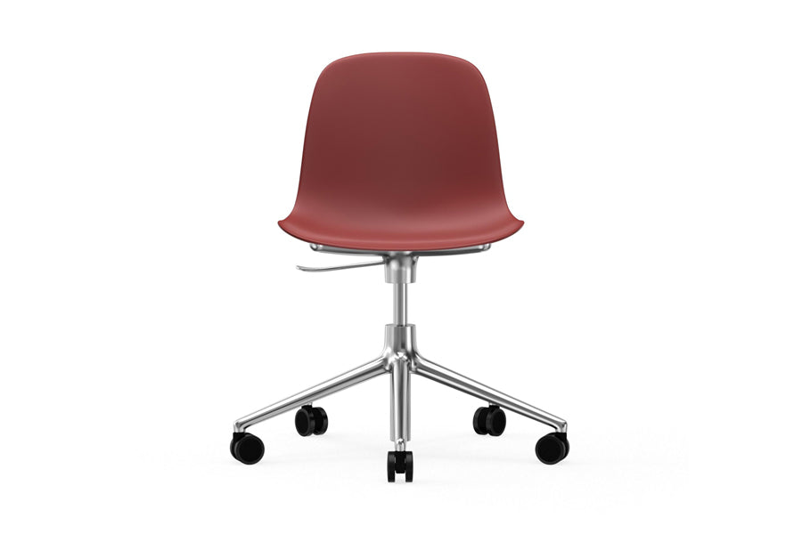 Form Swivel Gaslift Office Chair by Normann Copenhagen, showing front view of form swivel gaslift office chair in armless/no upholstery/aluminum legs/red plastic shell seat.
