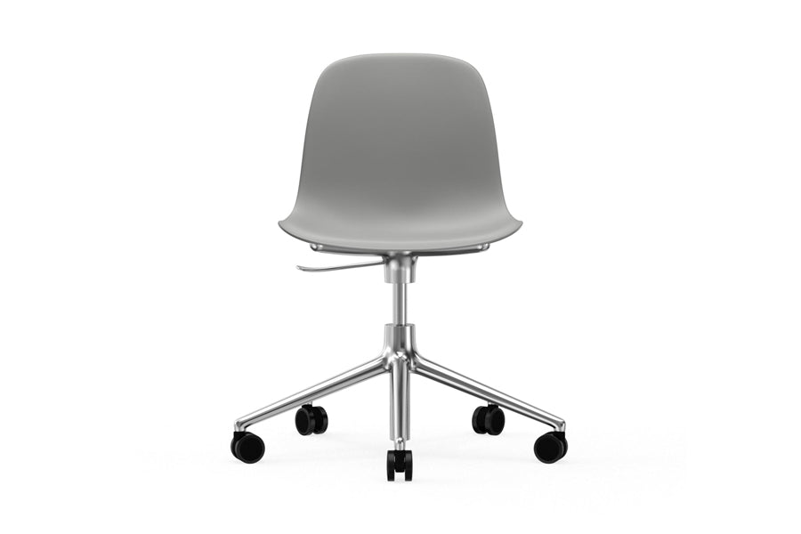 Form Swivel Gaslift Office Chair by Normann Copenhagen, showing front view of form swivel gaslift office chair in armless/no upholstery/aluminum legs/grey plastic shell seat.