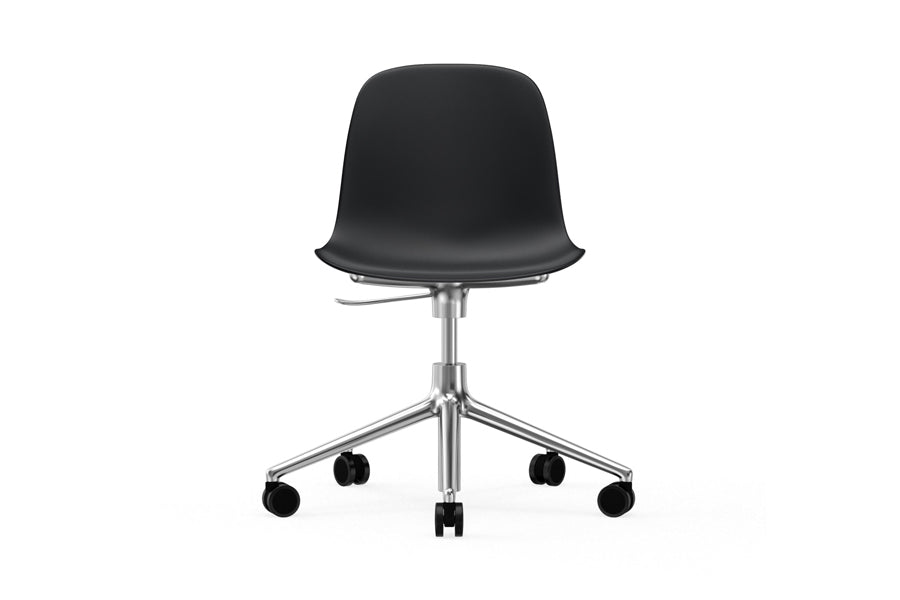 Form Swivel Gaslift Office Chair by Normann Copenhagen, showing front view of form swivel gaslift office chair in armless/no upholstery/aluminum legs/black plastic shell seat.