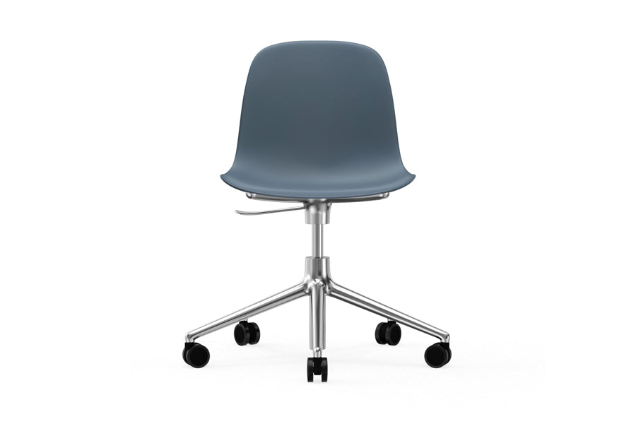 Form Swivel Gaslift Office Chair by Normann Copenhagen, showing front view of form swivel gaslift office chair in armless/no upholstery/aluminum legs/blue plastic shell seat.
