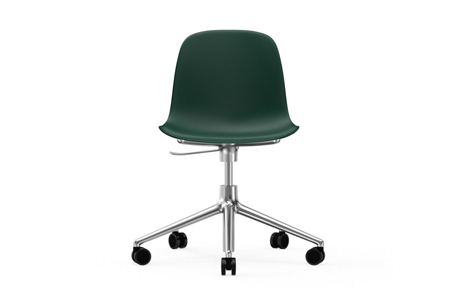 Form Swivel Gaslift Office Chair by Normann Copenhagen, showing front view of form swivel gaslift office chair in armless/no upholstery/aluminum legs/green plastic shell seat.