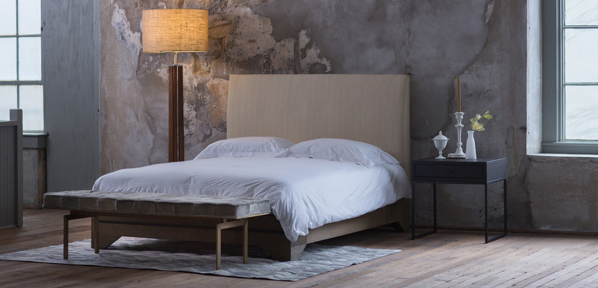 Forma Floor Lamp by Cerno, showing forma floor lamp with bed in live shot.