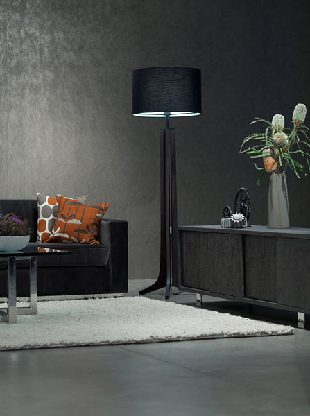 Forma Floor Lamp by Cerno, showing forma floor lamp with storage, sofa & table in live shot.