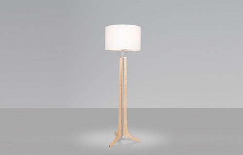 Forma Floor Lamp by Cerno - Brushed Aluminum, Maple Body, White Linen Shade.