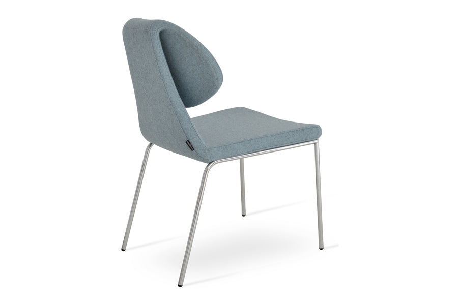 Gakko Dining Chair by sohoConcept, showing back angle view of dining chair in sky blue camira wool with chrome base.