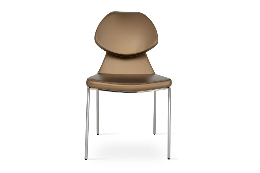 Gakko Dining Chair by sohoConcept, showing front view of dining chair in golden ppm with chrome base.