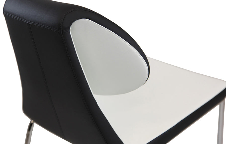 Gakko Dining Chair by sohoConcept, showing closeup of dining chair in black & white ppm with chrome base.