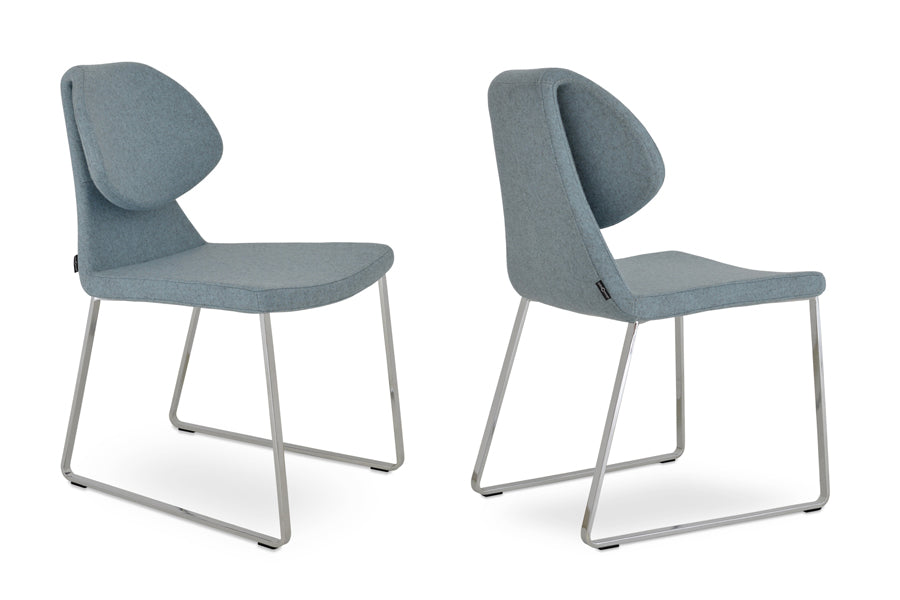 Gakko Slide Dining Chair by SohoConcept, showing different angles of two dining chairs in smoke blue camira wool with chrome base.