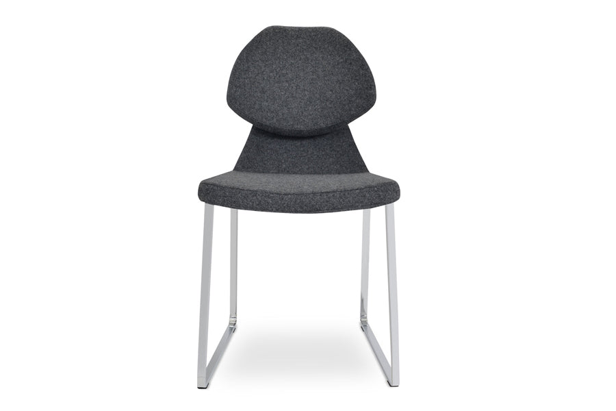 Gakko Slide Dining Chair by SohoConcept, showing front view of gakko sled dining chair in dark grey wool.