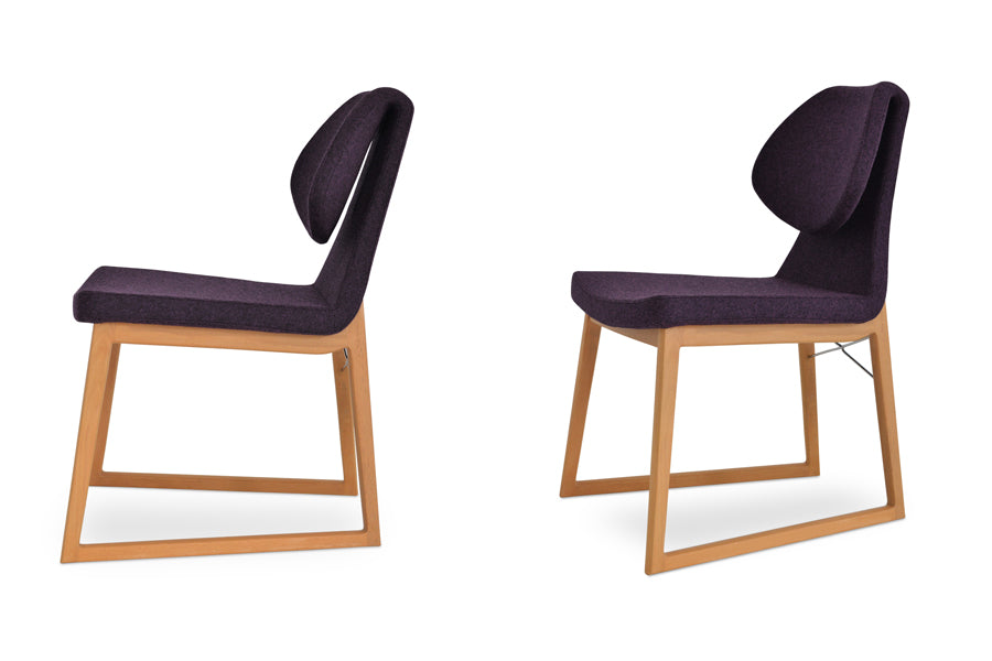Gakko Wood Chair by sohoConcept, showing two chairs in camira blazer deep maroon wool with beech natural finish base.
