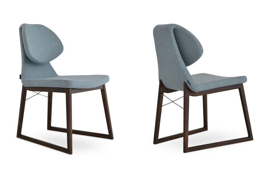 Gakko Wood Chair by sohoConcept, showing two chairs in camira blazer smoke blue wool with beech walnut finish base.