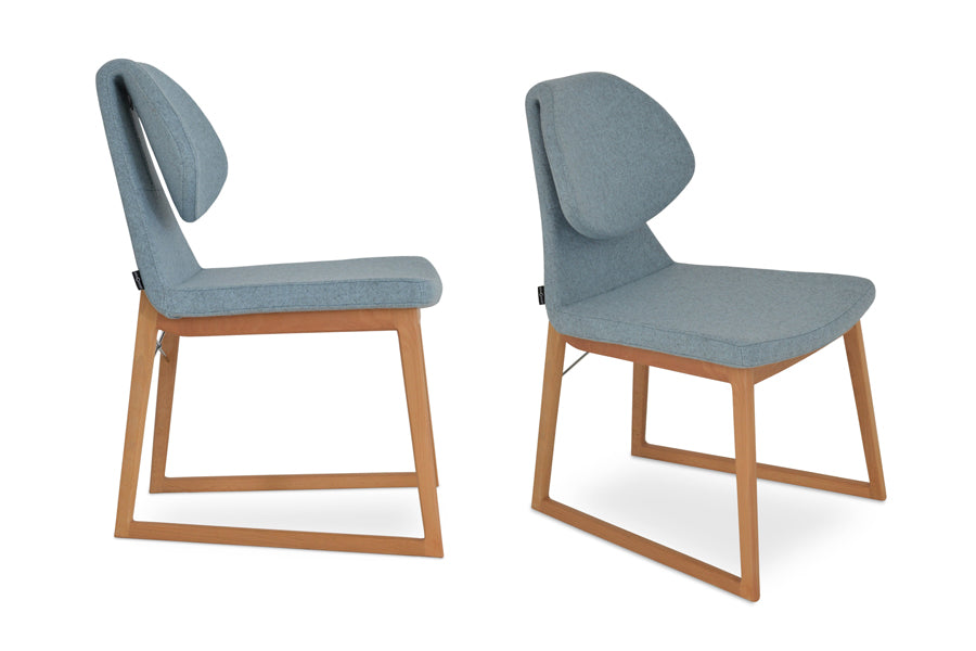 Gakko Wood Chair by sohoConcept, showing different angles of two chairs in camira blazer smoke blue wool with beech natural finish base.