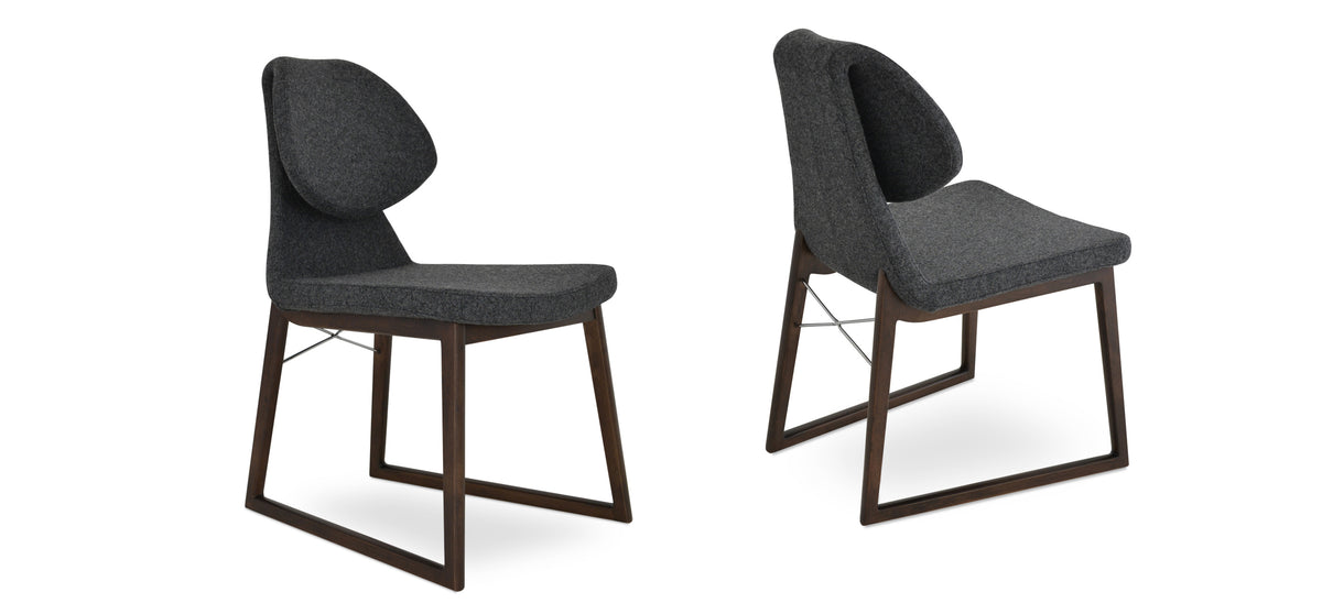 Gakko Wood Chair by sohoConcept, showing different angles of two chairs in camira blazer dark grey wool with beech walnut finish base.