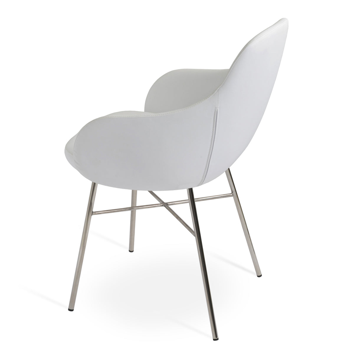Gazel Arm Cross Chair by SohoConcept, showing back view in white leatherette with polished stainless steel base.