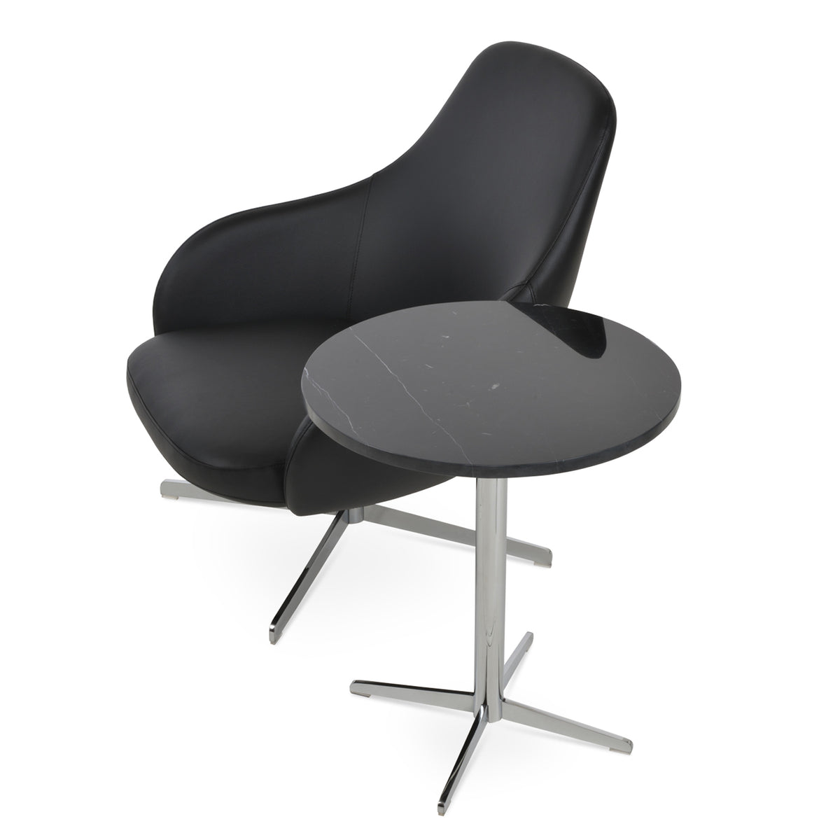 Gazel Arm Lounge 4 Star Chair by SohoConcept, showing angle view of arm lounge 2 star chair with table.