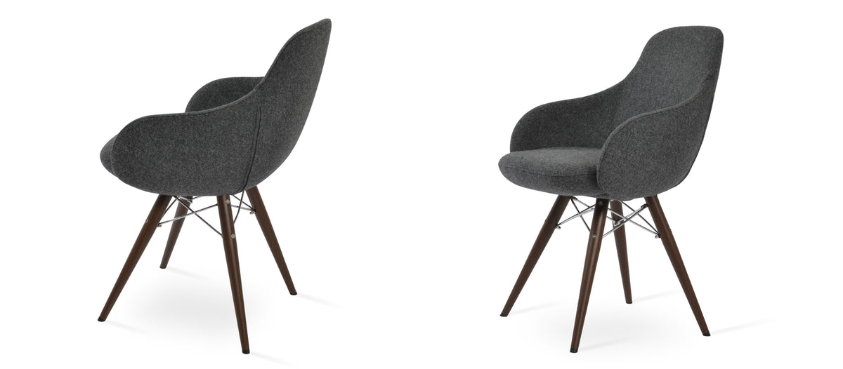 Gazel Arm MW Dining Chair by SohoConcept, showing two arm mw dining chair in camira blazer dark grey wool with walnut veneer steel base
