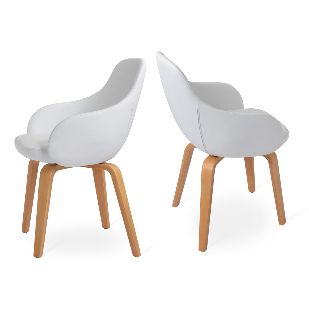 Gazel Arm Plywood Chair by SohoConcept, showing two arm plywood chairs in white leatherette with natural finish base.
