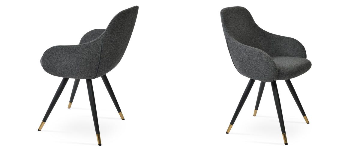 Gazel Arm Star Chair by SohoConcept, showing two arm star chairs in camira blazer dark grey wool with black powder steel base (gold ring).