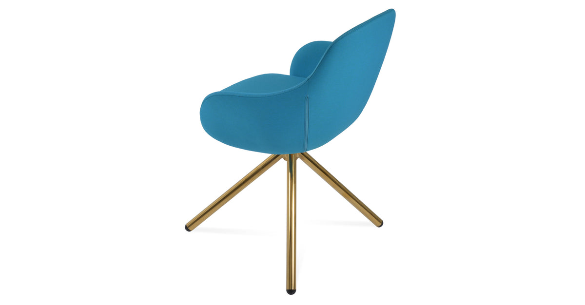 Gazel Arm Stick Swivel Chair by SohoConcept, showing angle view in camira era turquoise fabric with gold brass base.