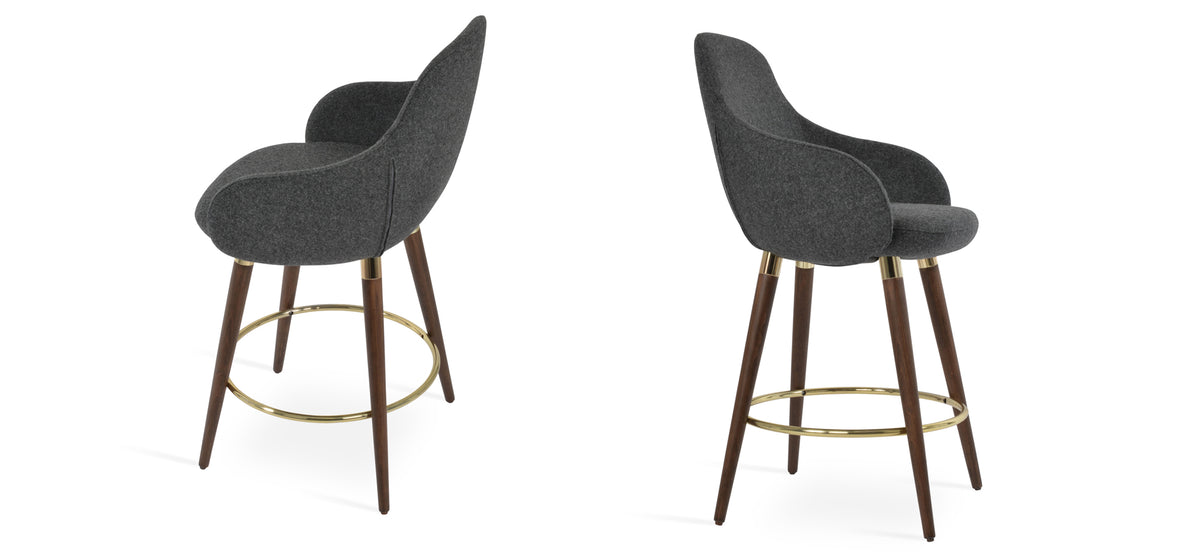 Gazel Arm Wood Stools by SohoConcept, showing two stools in camira blazer dark grey wool with beech wood walnut base (gold ring & bracelet).