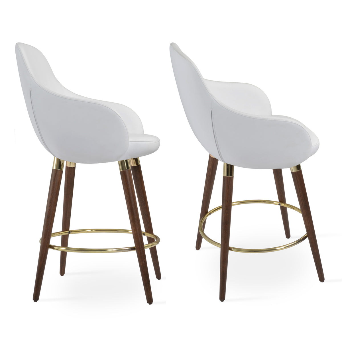 Gazel Arm Wood Stools by SohoConcept, showing two stools in white leatherette with beech wood walnut base (gold ring).