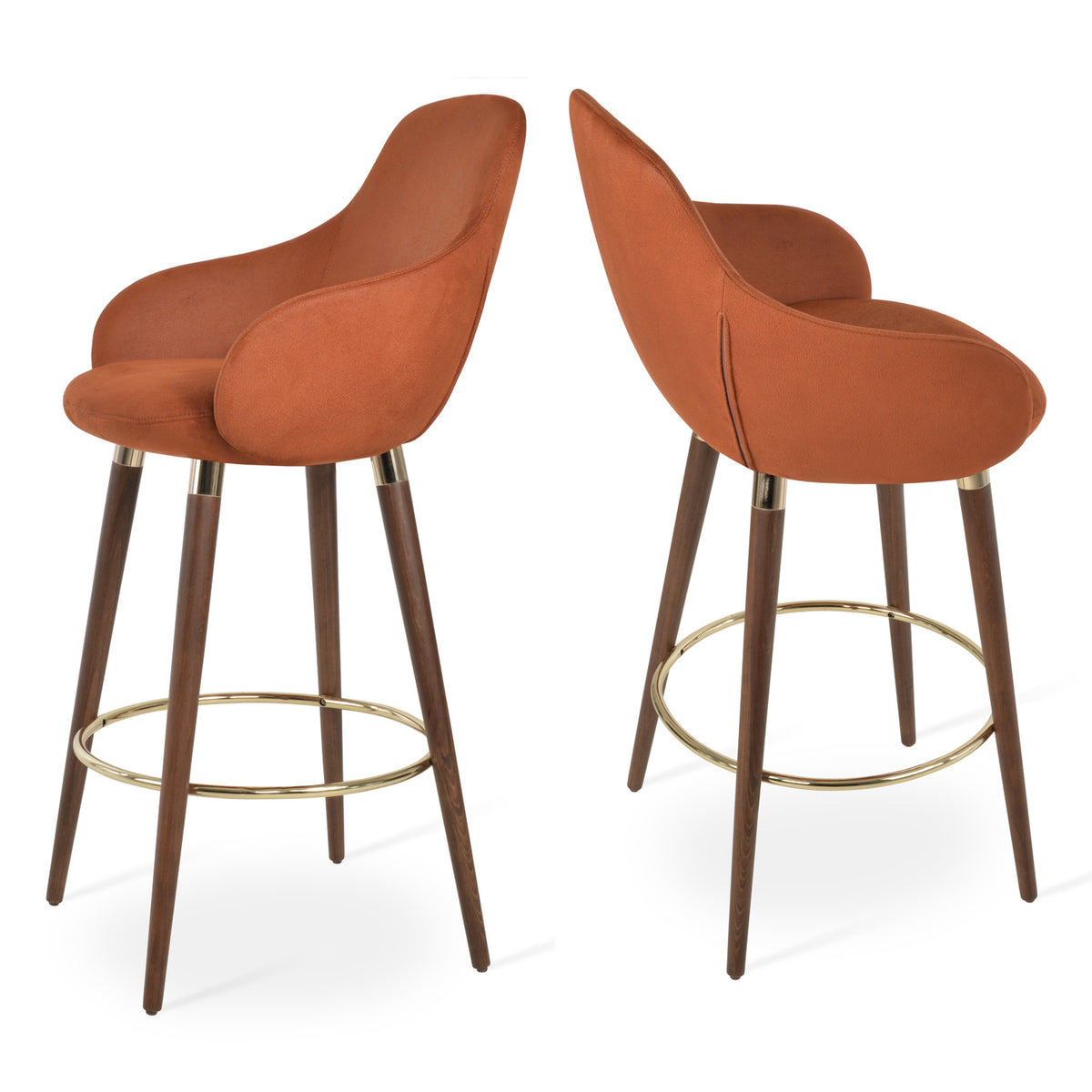 Gazel Arm Wood Stools by SohoConcept, showing two stools in nubuck cognac fabric with beech wood walnut base.
