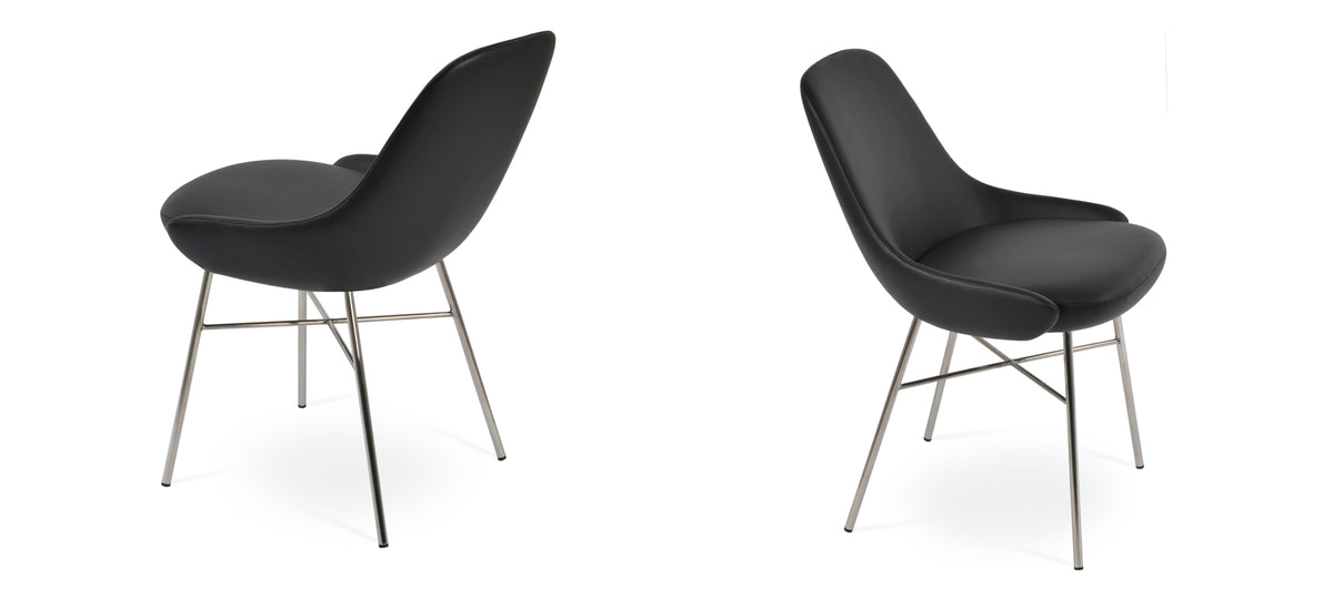 Gazel Cross Chair by SohoConcept, showing two cross chairs in black leatherette with polished stainless steel base.
