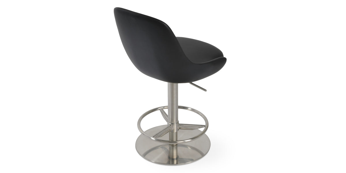 Gazel Piston Stool by SohoConcept, showing back view of piston stool in black leatherette with brushed stainless steel base.