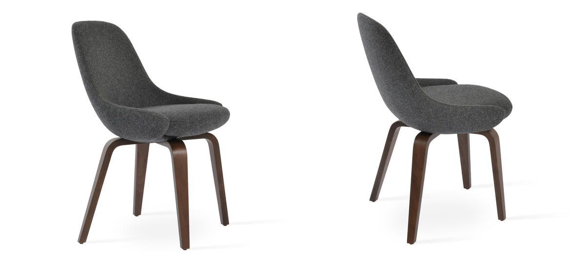 Gazel Plywood Chair by SohoConcept, showing two plywood chairs in camira blazer dark grey wool with walnut veneer base.