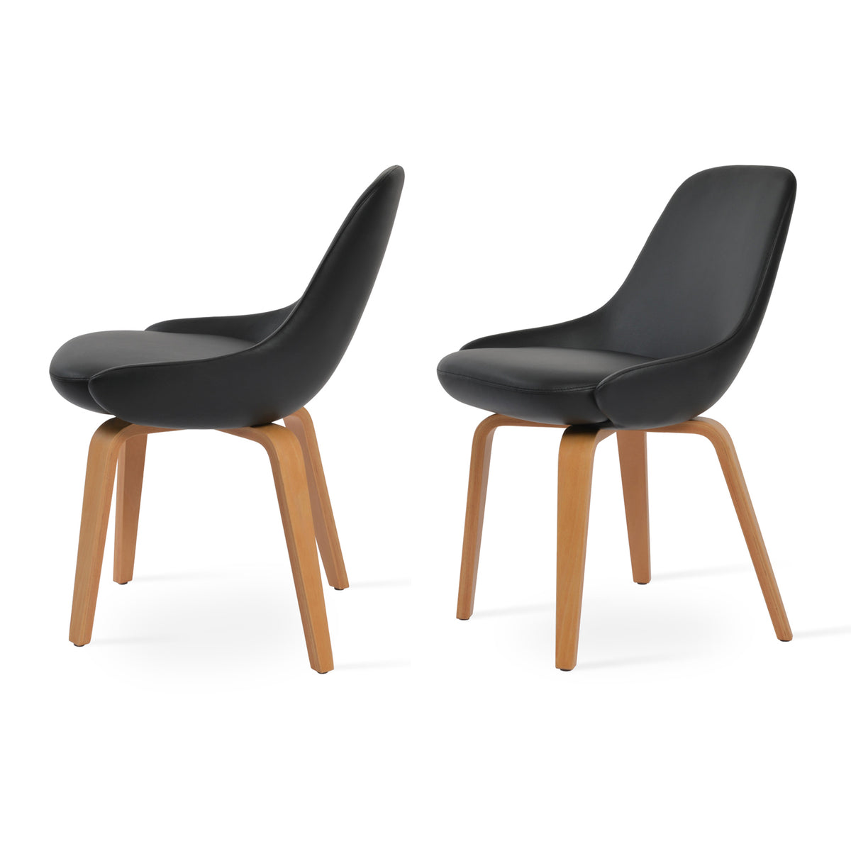 Gazel Plywood Chair by SohoConcept, showing two plywood chairs in black leatherette with natural veneer base.