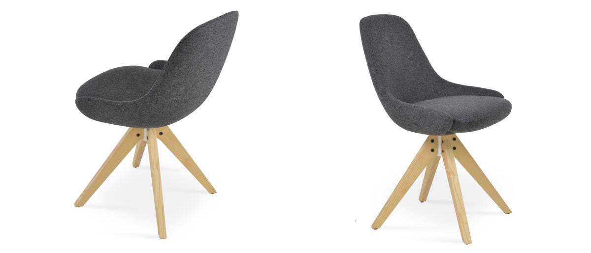 Gazel Pyramid Swivel Dining Chair by SohoConcept, showing angle view of dining chair in camira blazer dark grey wool with natural ash wood.