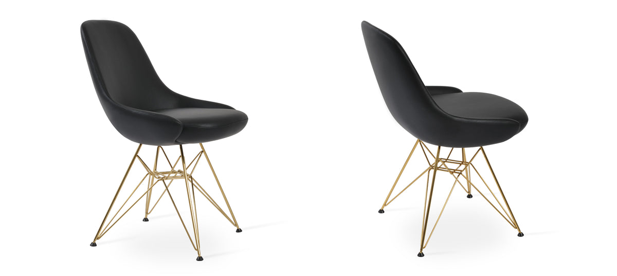 Gazel Tower Chair by SohoConcept, showing two tower chairs in black leatherette with gold brass base.