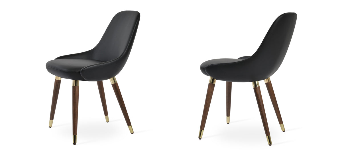Gazel Wood Chair by SohoConcept, showing two wood chairs in black leatherette with walnut base and gold bracelete ring.